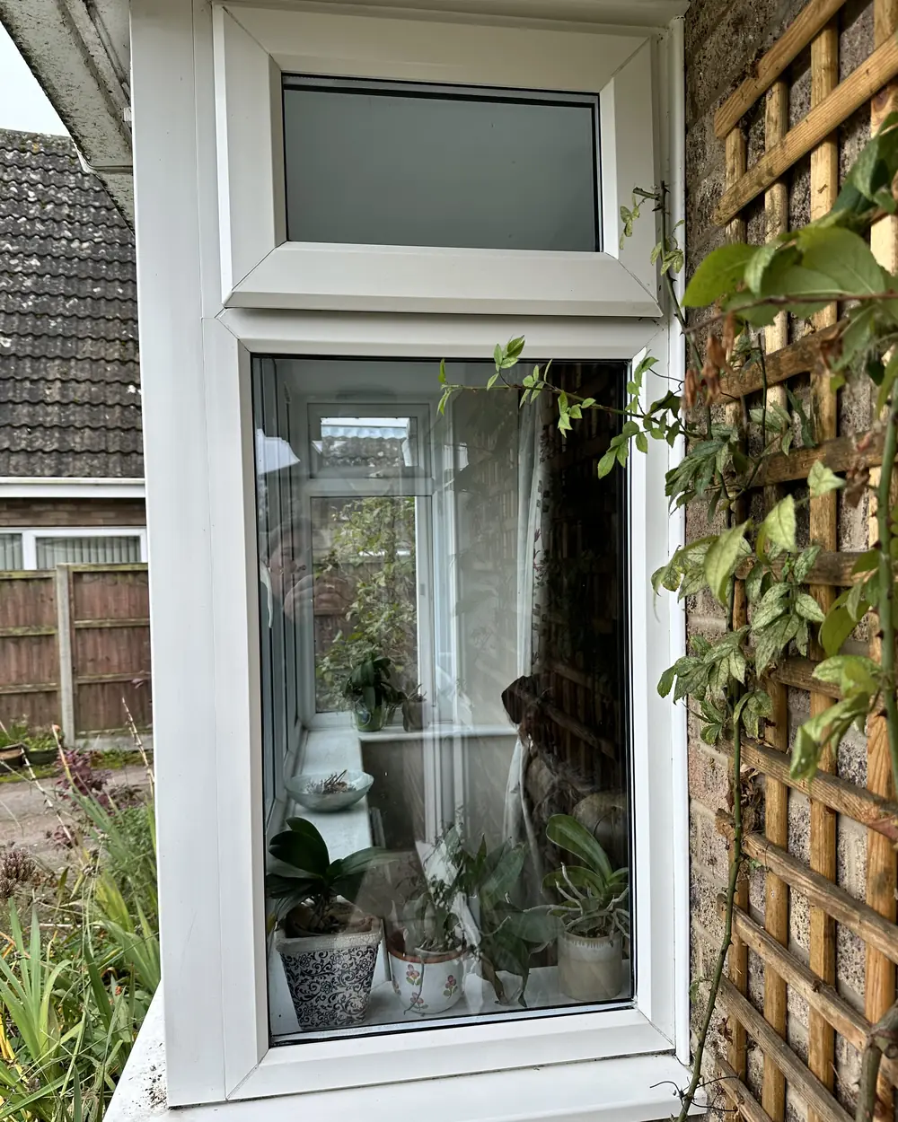 After: the same window with clean white frames, sill and glass